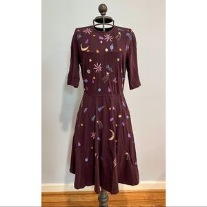 Outer Space Embroidered Eshakti Dress with Pockets, Dark Purple Plum Color